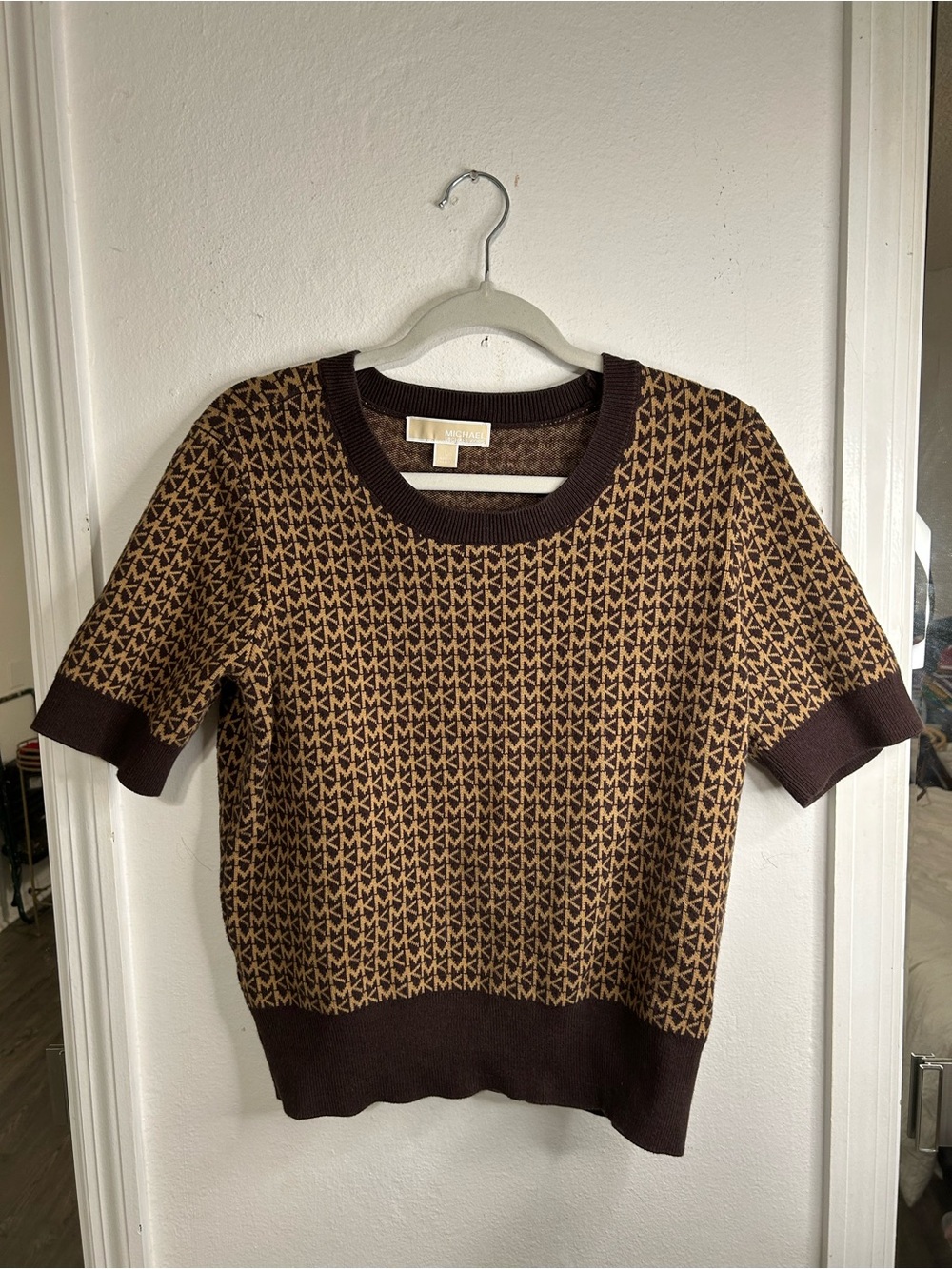 Michael Kors Brown and Tan MK Jacquard Short-Sleeve Knit Top